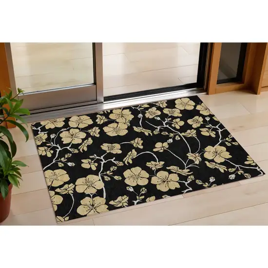Black And Gold Floral Washable Indoor Outdoor Area Rug Photo 1