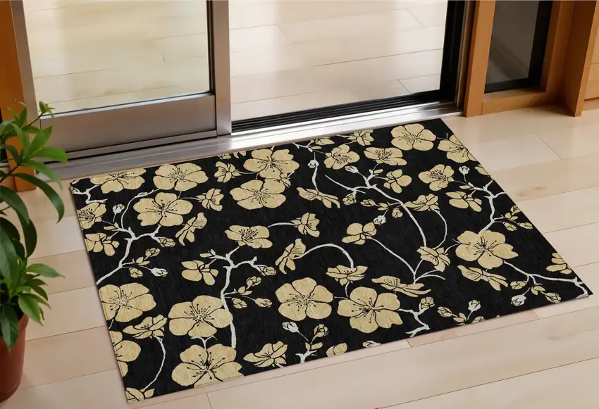 Black And Gold Floral Washable Indoor Outdoor Area Rug Photo 1
