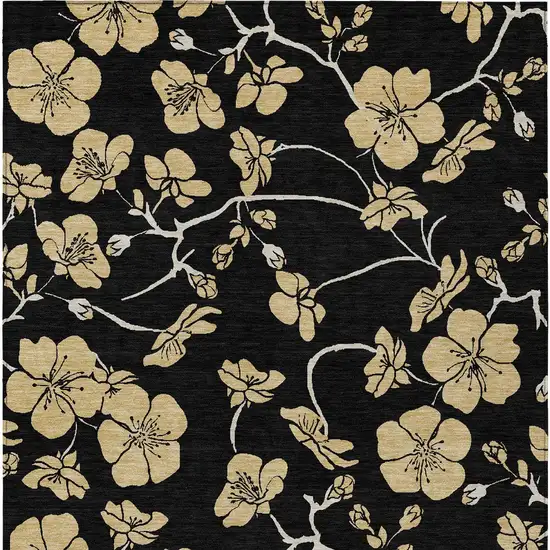 Black And Gold Floral Washable Indoor Outdoor Area Rug Photo 6