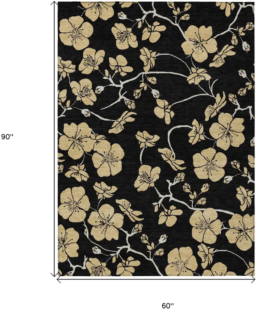 Black And Gold Floral Washable Indoor Outdoor Area Rug Photo 3