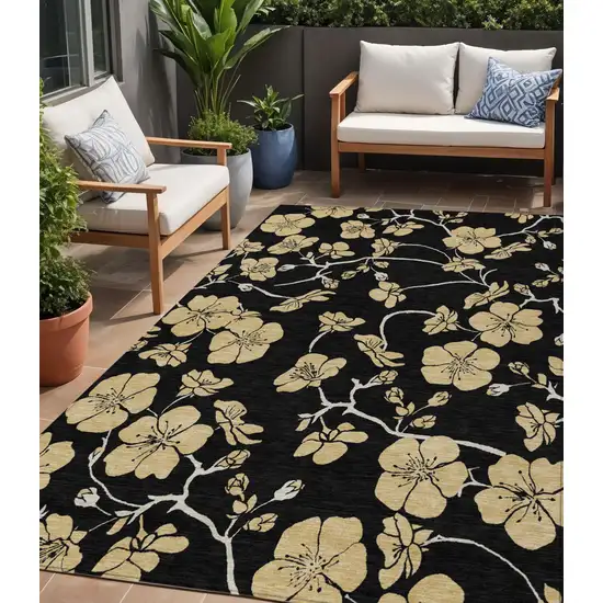 Black And Gold Floral Washable Indoor Outdoor Area Rug Photo 1
