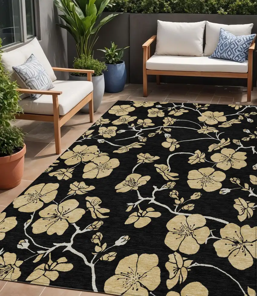 Black And Gold Floral Washable Indoor Outdoor Area Rug Photo 1