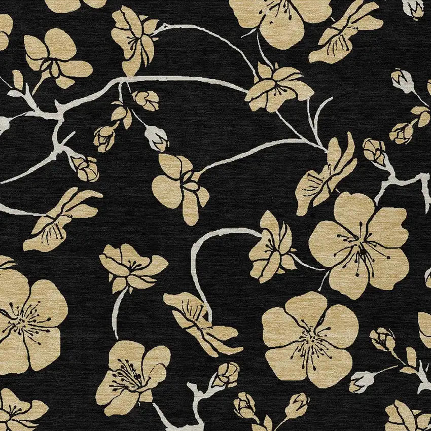 Black And Gold Floral Washable Indoor Outdoor Area Rug Photo 5