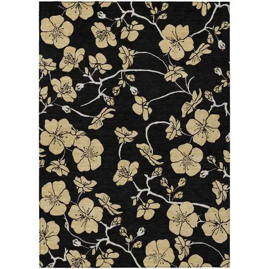 Black And Gold Floral Washable Indoor Outdoor Area Rug Photo 2