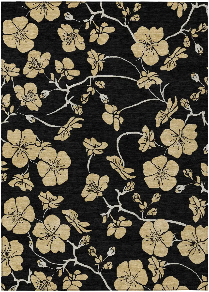 Black And Gold Floral Washable Indoor Outdoor Area Rug Photo 2