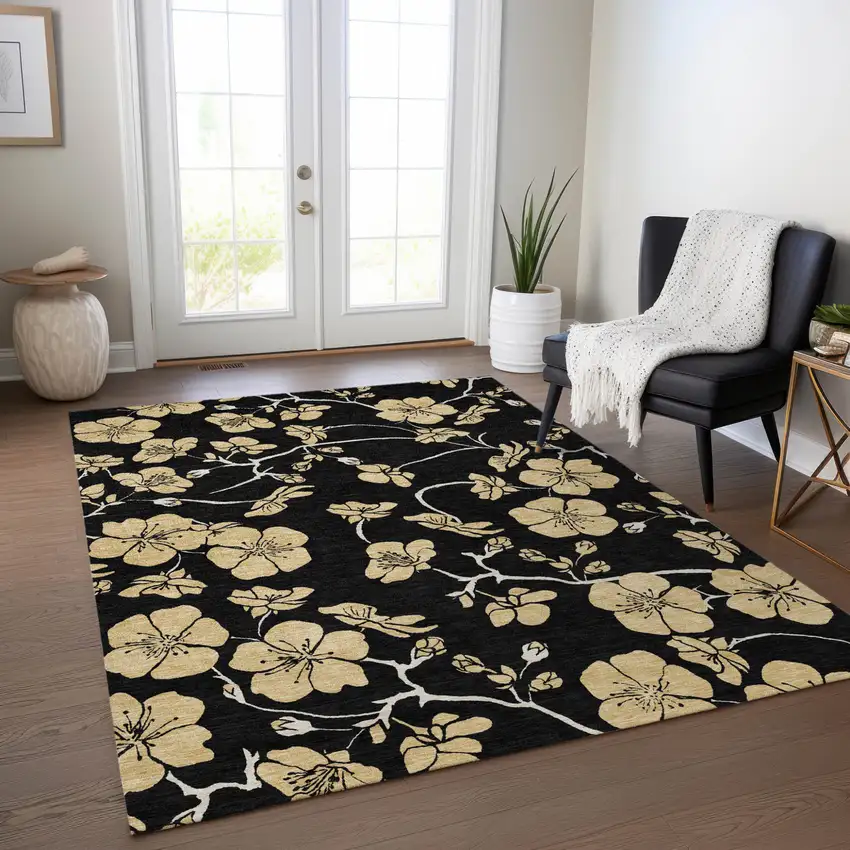 Black And Gold Floral Washable Indoor Outdoor Area Rug Photo 8