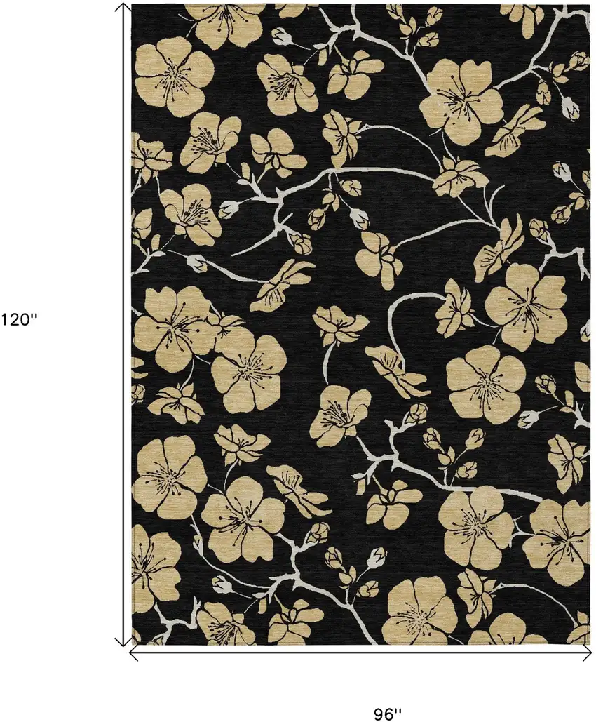 Black And Gold Floral Washable Indoor Outdoor Area Rug Photo 3