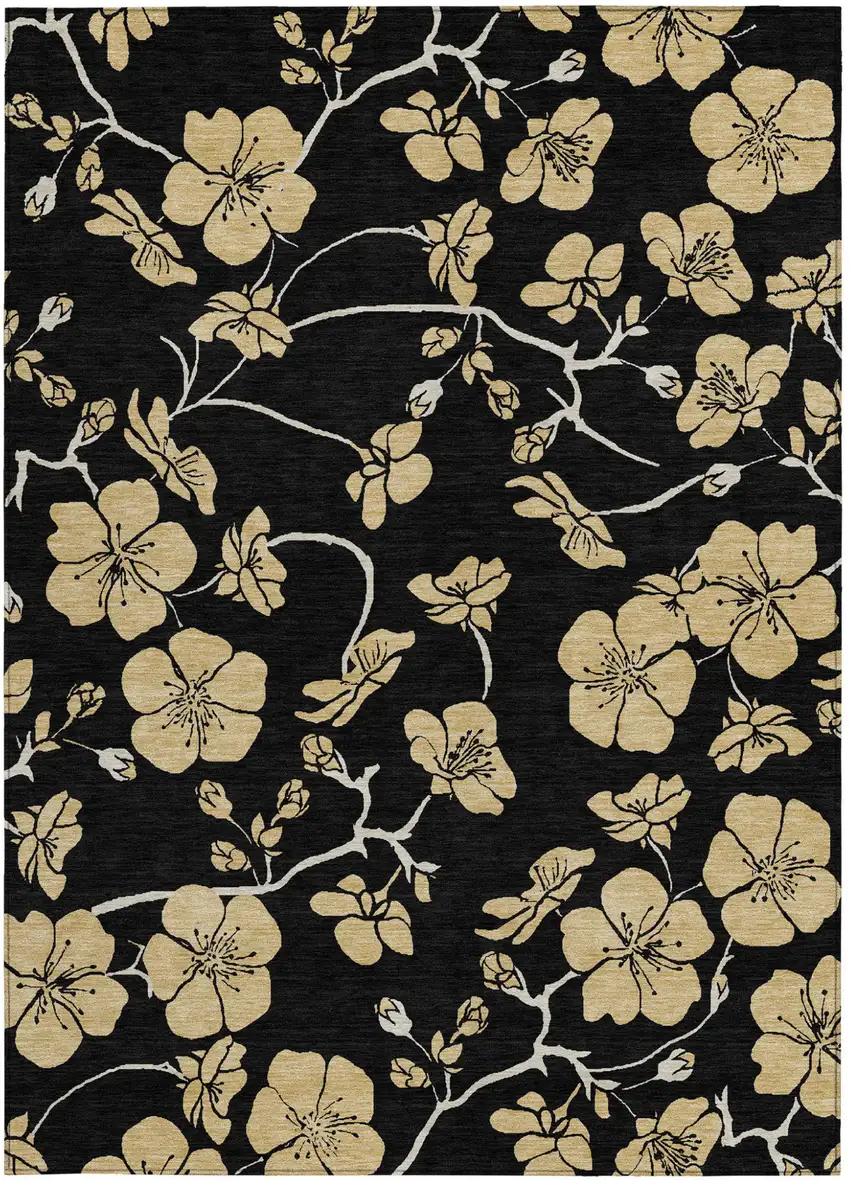 Black And Gold Floral Washable Indoor Outdoor Area Rug Photo 5
