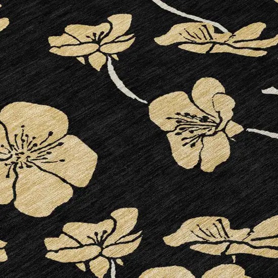 Black And Gold Floral Washable Indoor Outdoor Area Rug Photo 6