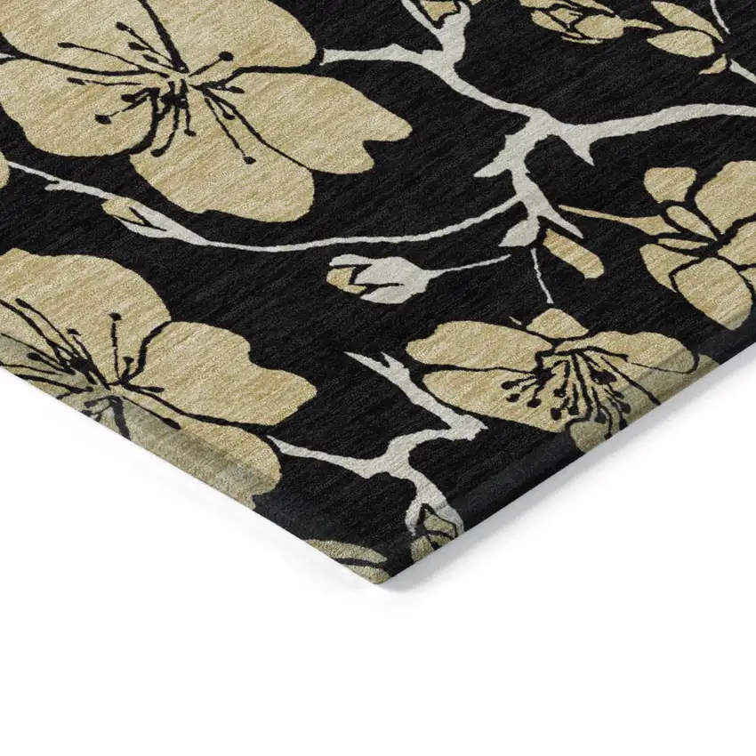 Black And Gold Floral Washable Indoor Outdoor Area Rug Photo 4