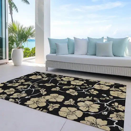Black And Gold Floral Washable Indoor Outdoor Area Rug Photo 9