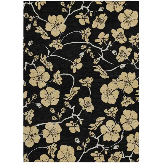 Black And Gold Floral Washable Indoor Outdoor Area Rug Photo 5