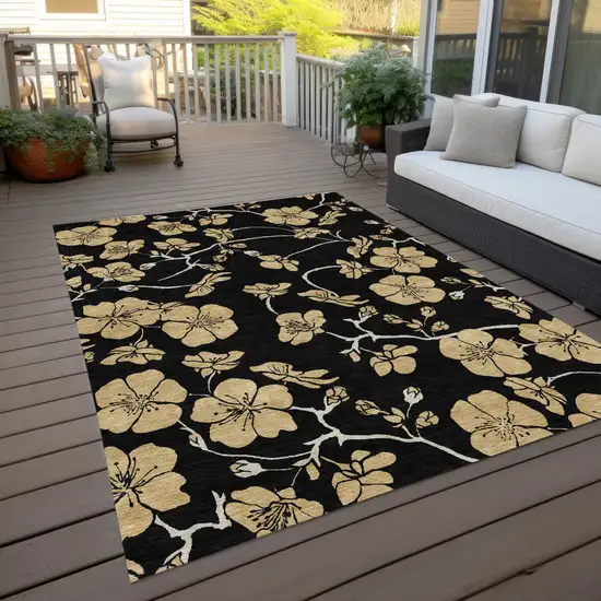 Black And Gold Floral Washable Indoor Outdoor Area Rug Photo 6