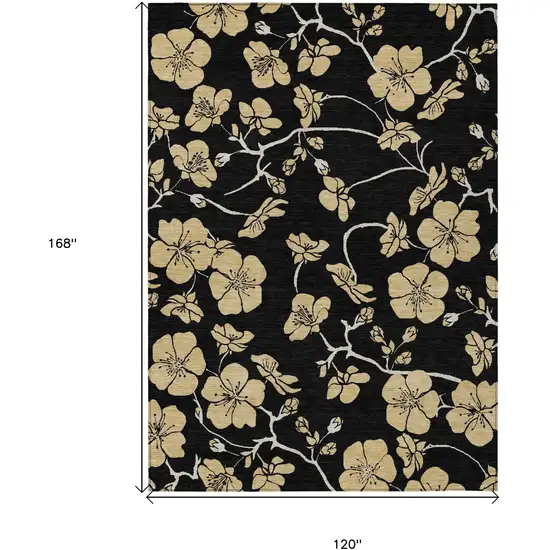 Black And Gold Floral Washable Indoor Outdoor Area Rug Photo 3