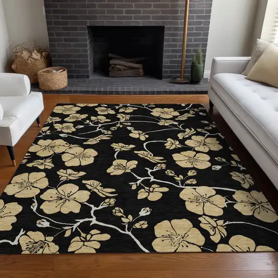 Black And Gold Floral Washable Indoor Outdoor Area Rug Photo 8