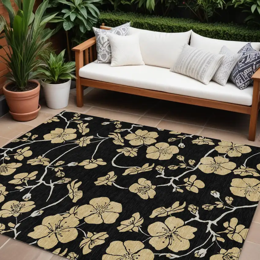 Black And Gold Floral Washable Indoor Outdoor Area Rug Photo 1