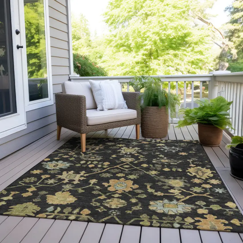 Black And Gold Floral Washable Indoor Outdoor Area Rug Photo 8