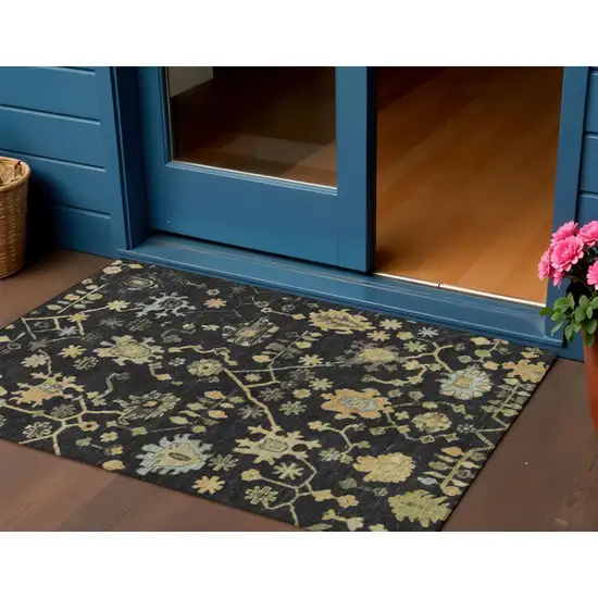 Black And Gold Floral Washable Indoor Outdoor Area Rug Photo 2