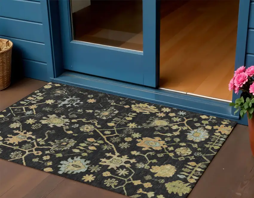 Black And Gold Floral Washable Indoor Outdoor Area Rug Photo 2