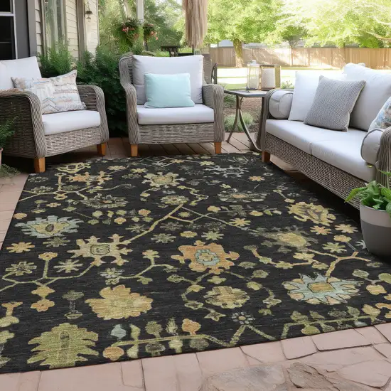Black And Gold Floral Washable Indoor Outdoor Area Rug Photo 5