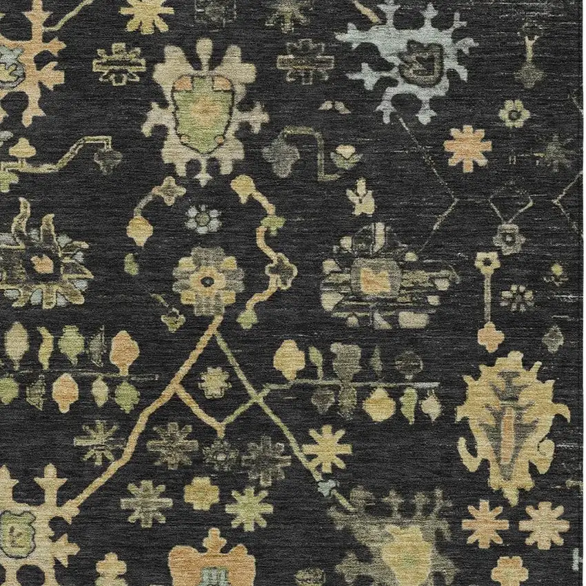 Black And Gold Floral Washable Indoor Outdoor Area Rug Photo 7