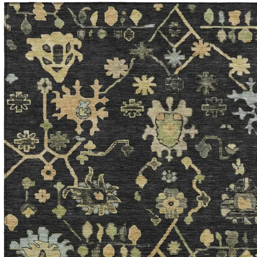 Black And Gold Floral Washable Indoor Outdoor Area Rug Photo 3