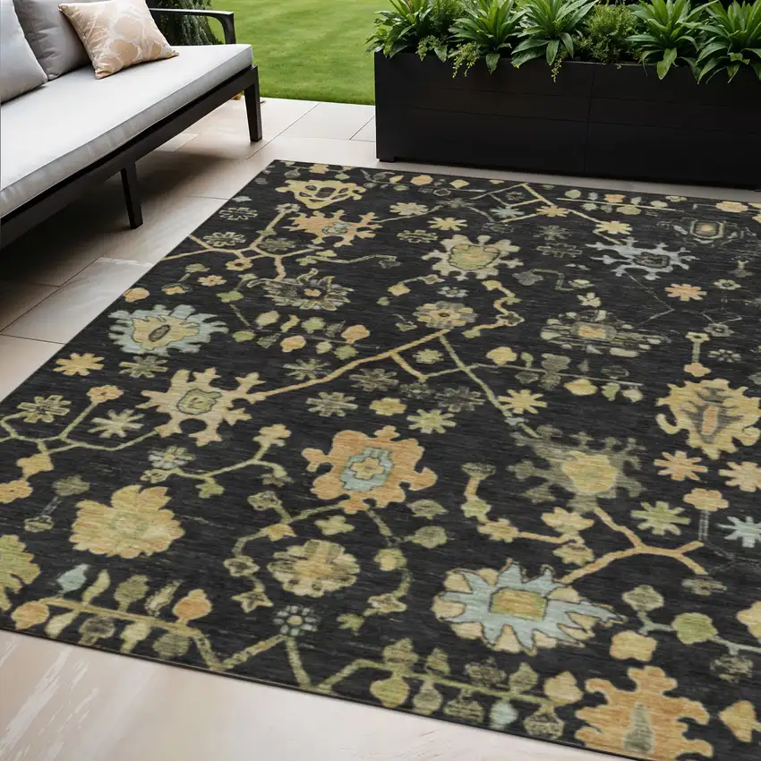 Black And Gold Floral Washable Indoor Outdoor Area Rug Photo 2