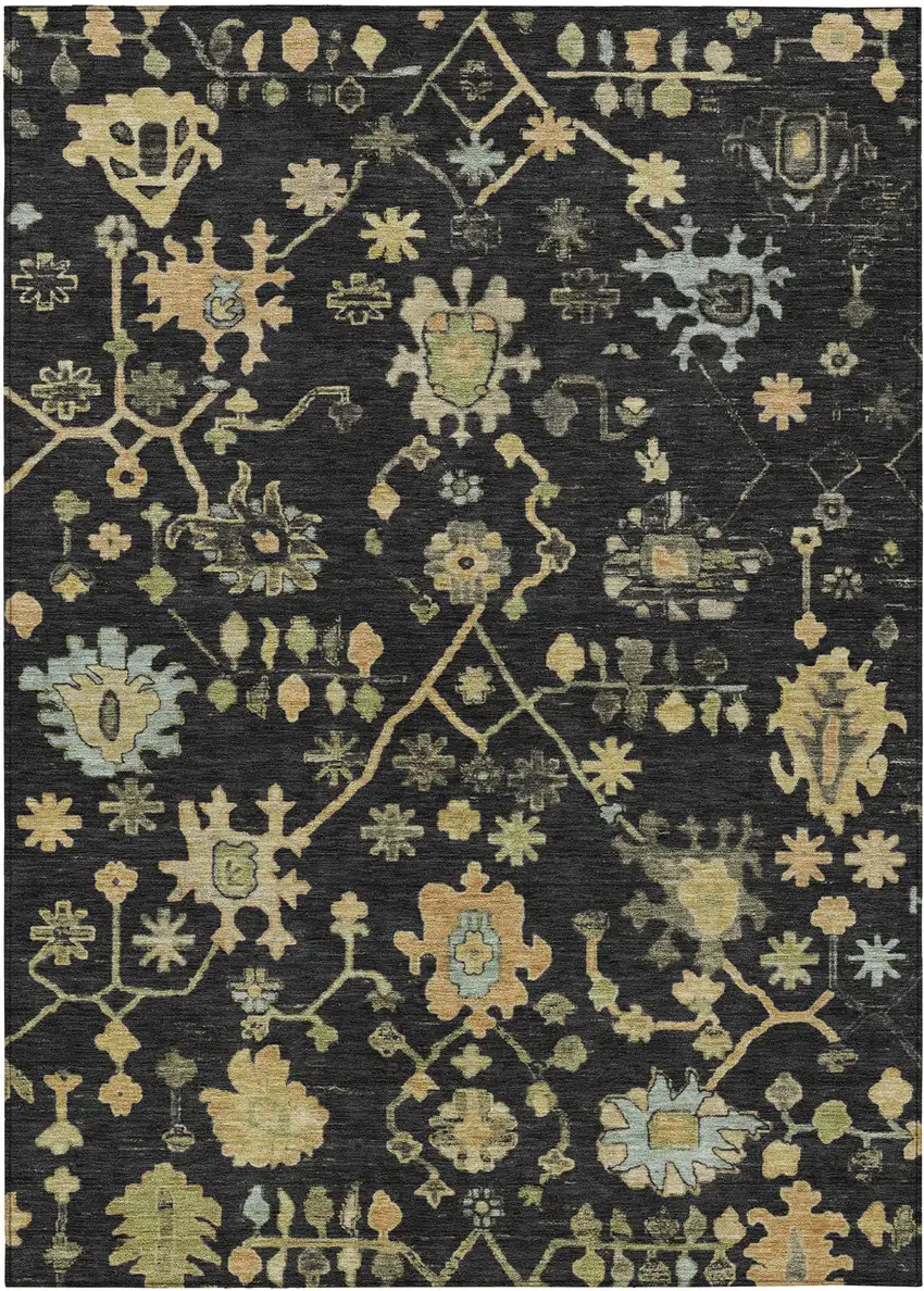 Black And Gold Floral Washable Indoor Outdoor Area Rug Photo 1