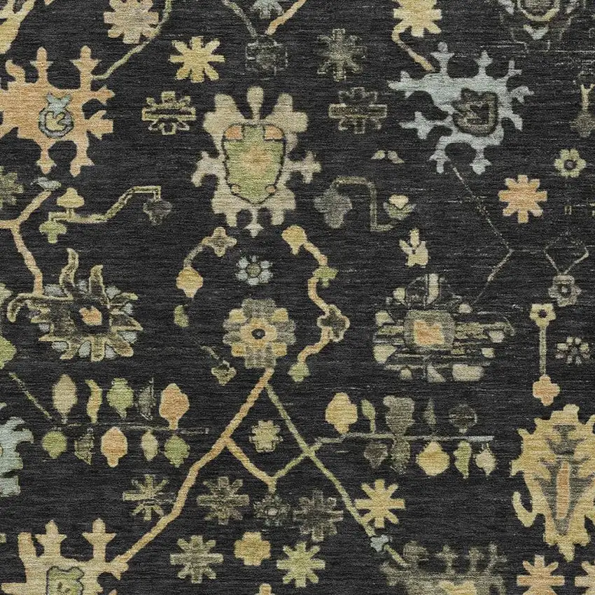 Black And Gold Floral Washable Indoor Outdoor Area Rug Photo 3