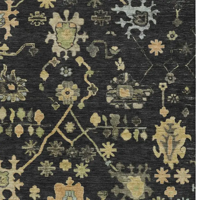 Black And Gold Floral Washable Indoor Outdoor Area Rug Photo 3