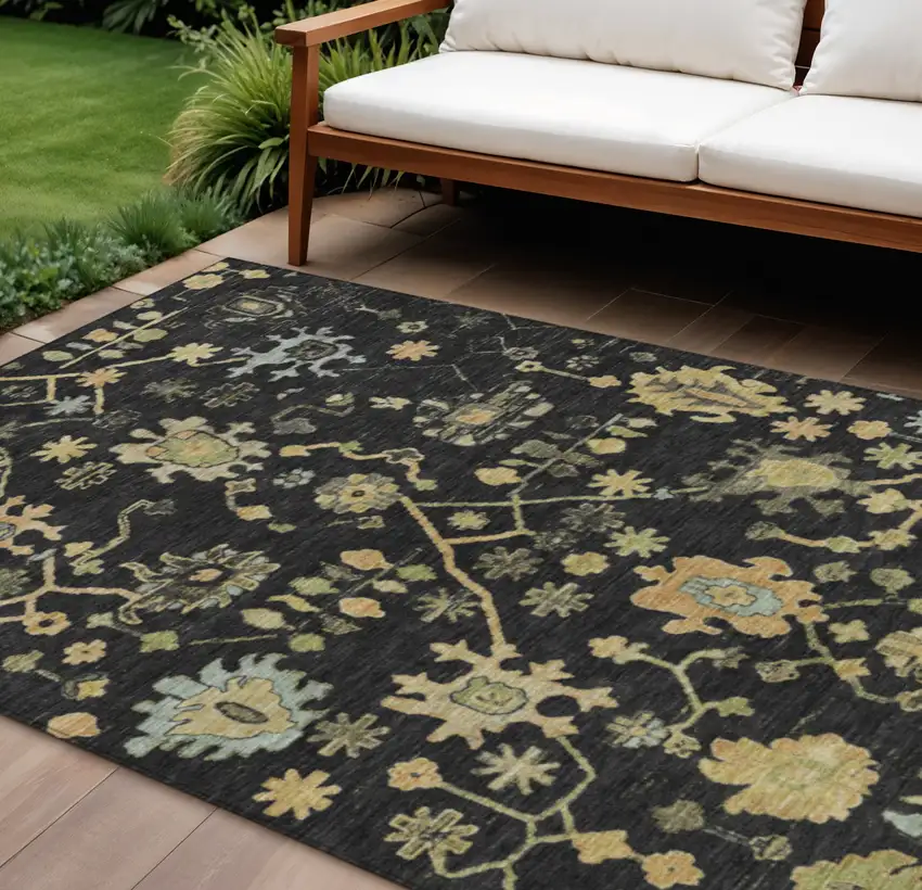 Black And Gold Floral Washable Indoor Outdoor Area Rug Photo 2