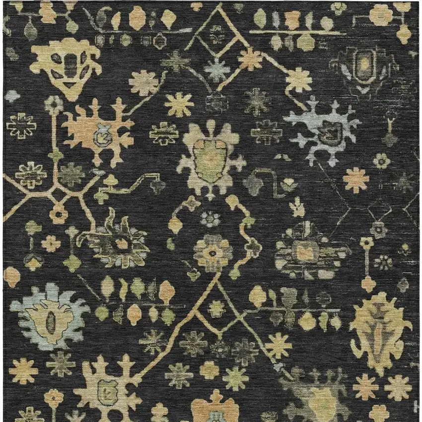Black And Gold Floral Washable Indoor Outdoor Area Rug Photo 4