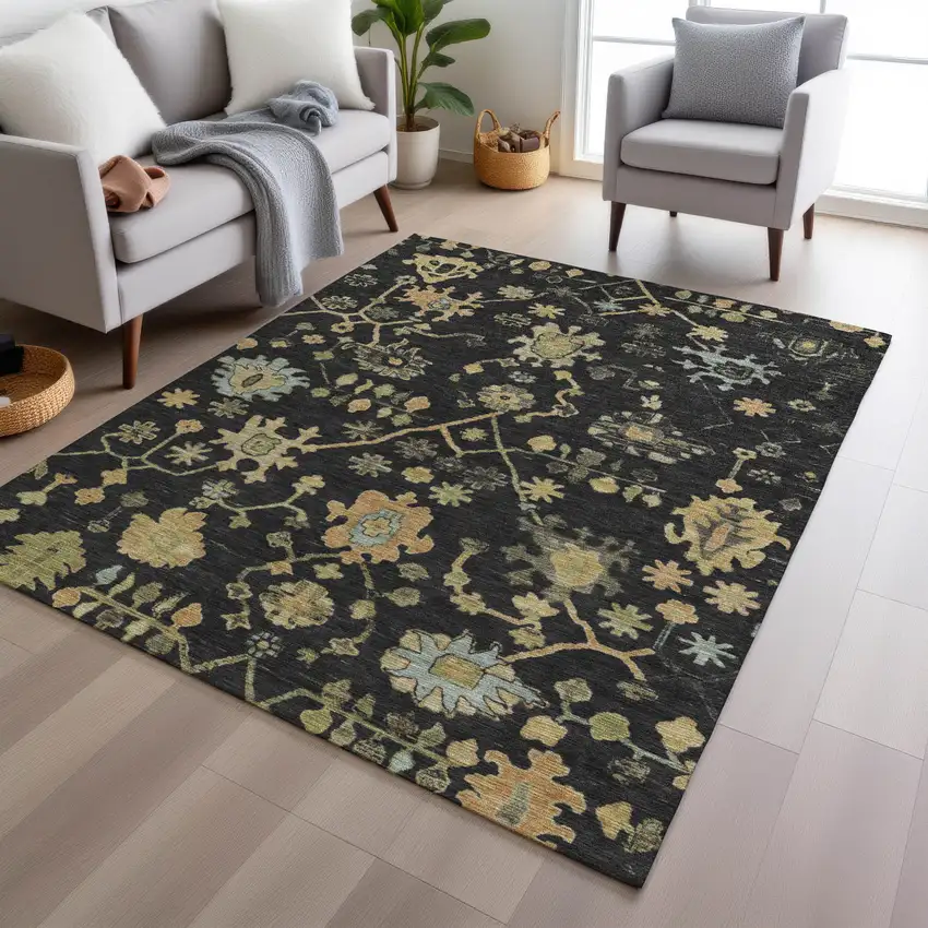 Black And Gold Floral Washable Indoor Outdoor Area Rug Photo 6