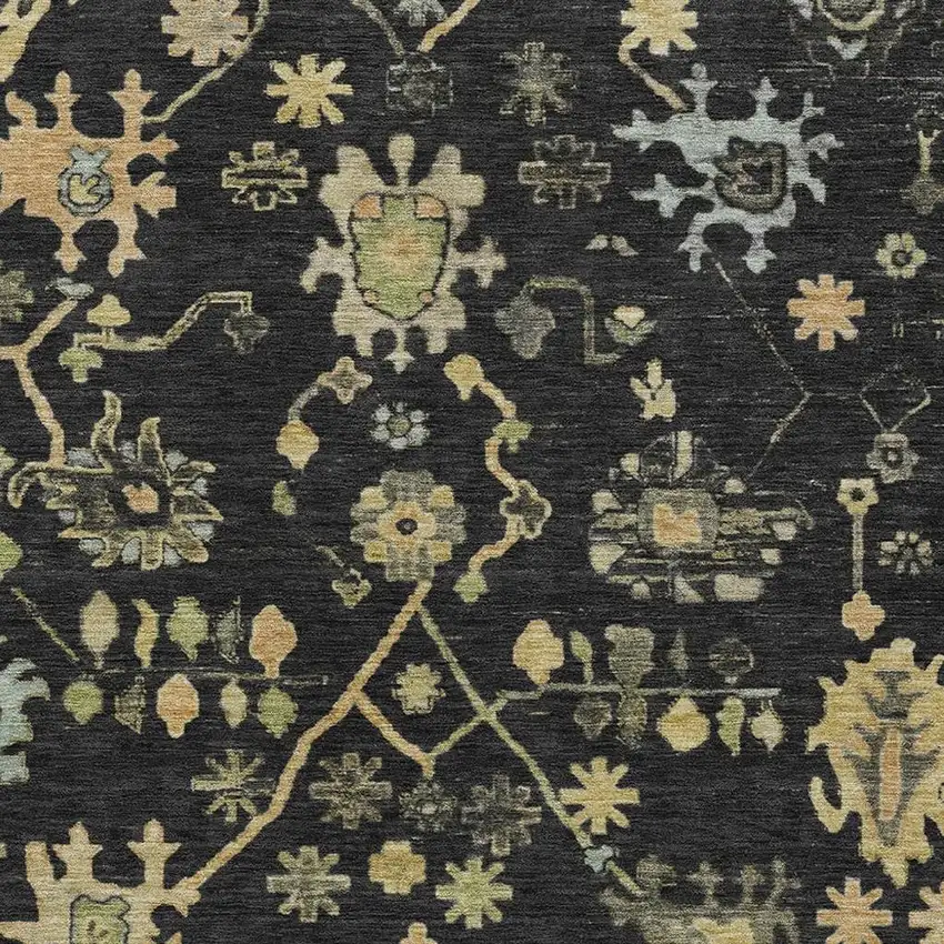 Black And Gold Floral Washable Indoor Outdoor Area Rug Photo 3