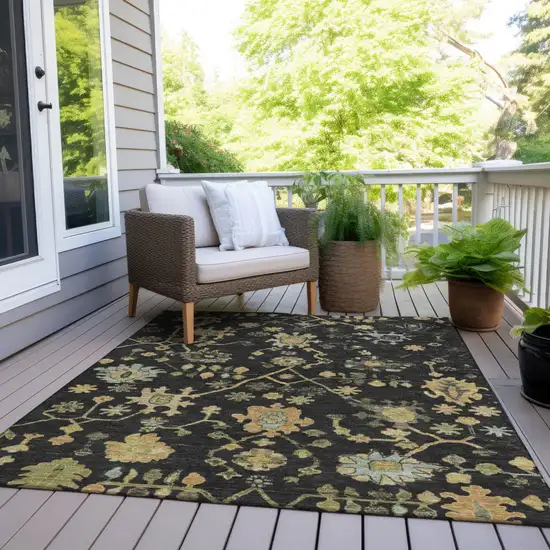 Black And Gold Floral Washable Indoor Outdoor Area Rug Photo 8