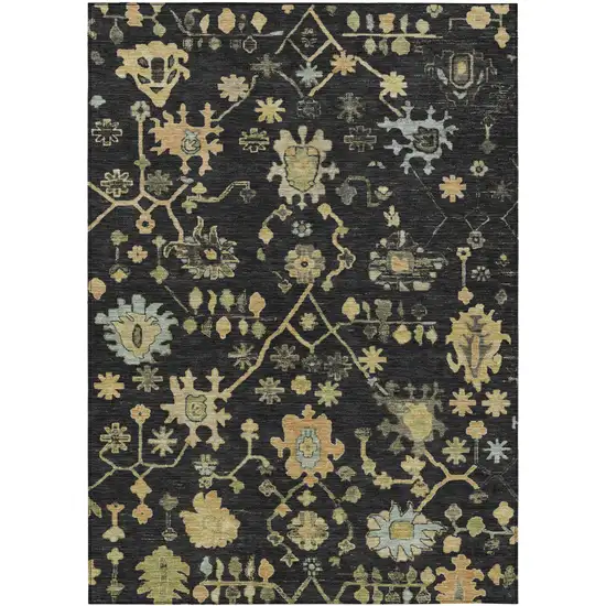 Black And Gold Floral Washable Indoor Outdoor Area Rug Photo 1