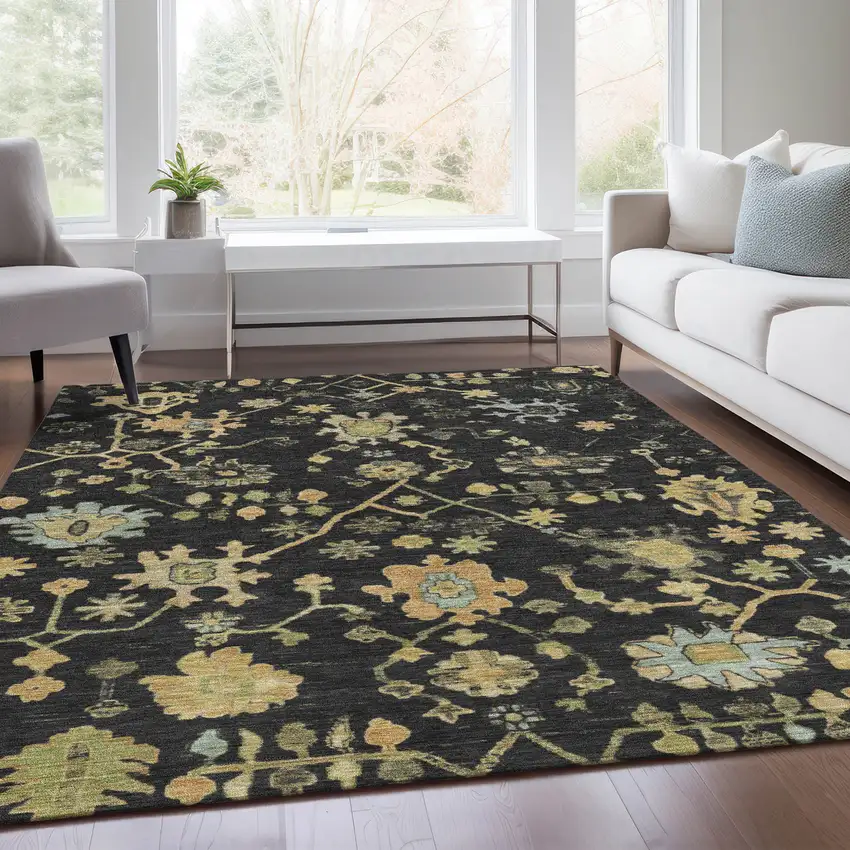 Black And Gold Floral Washable Indoor Outdoor Area Rug Photo 7