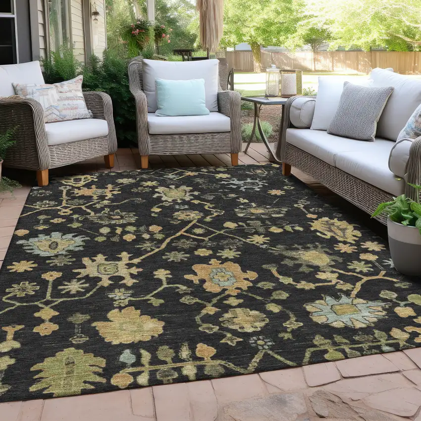 Black And Gold Floral Washable Indoor Outdoor Area Rug Photo 5