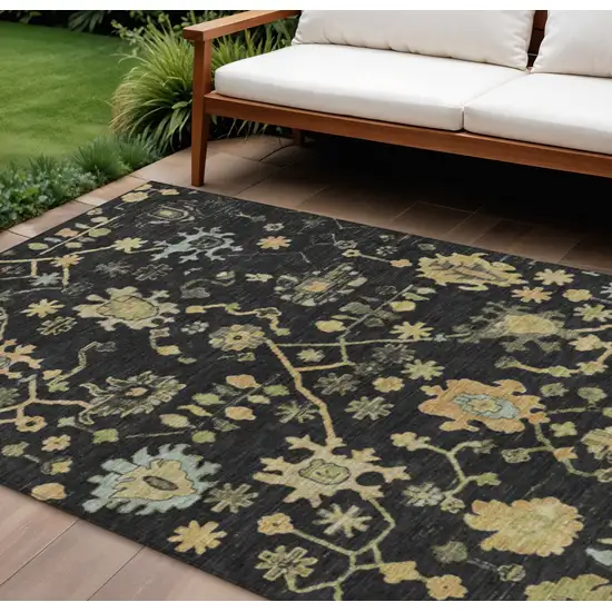 Black And Gold Floral Washable Indoor Outdoor Area Rug Photo 2