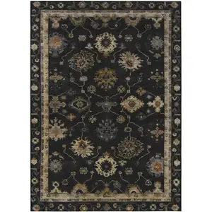 Photo of Black And Gold Floral Washable Indoor Outdoor Area Rug