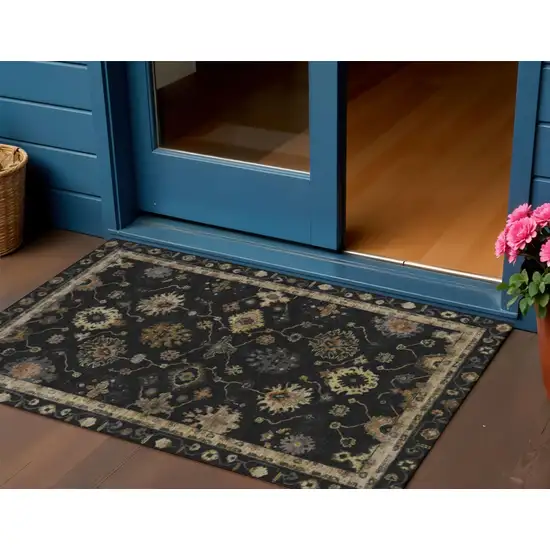 Black And Gold Floral Washable Indoor Outdoor Area Rug Photo 2