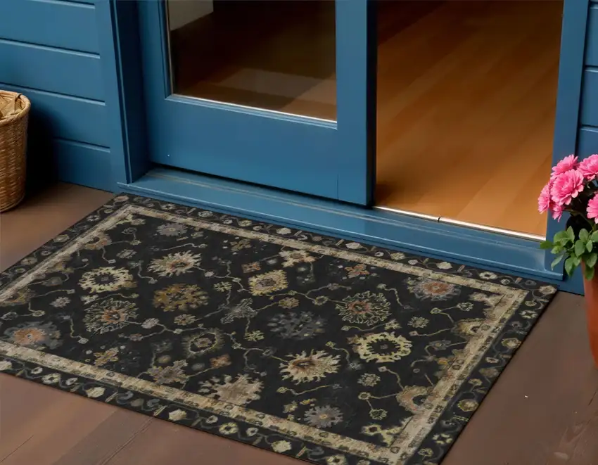 Black And Gold Floral Washable Indoor Outdoor Area Rug Photo 2