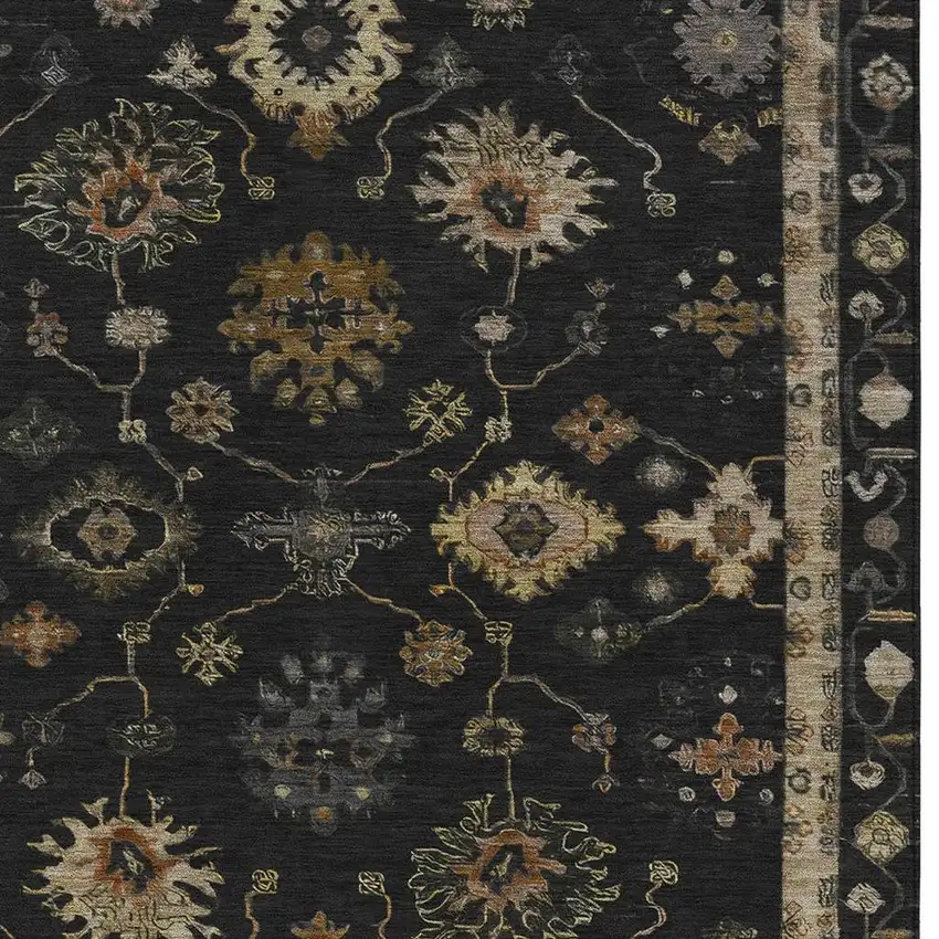 Black And Gold Floral Washable Indoor Outdoor Area Rug Photo 7