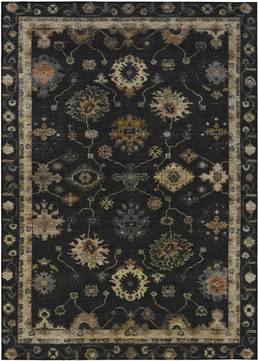 Black And Gold Floral Washable Indoor Outdoor Area Rug Photo 1