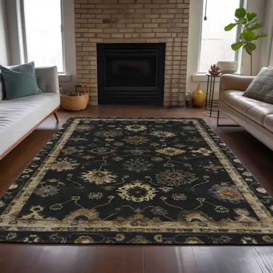 Black And Gold Floral Washable Indoor Outdoor Area Rug Photo 7