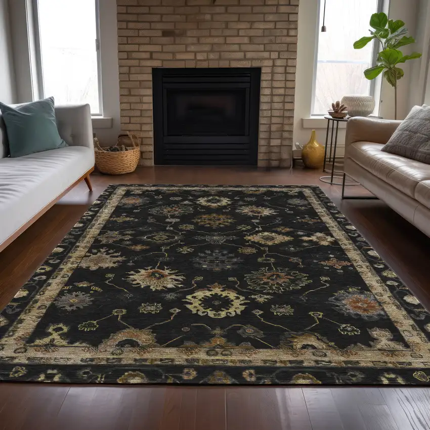 Black And Gold Floral Washable Indoor Outdoor Area Rug Photo 7