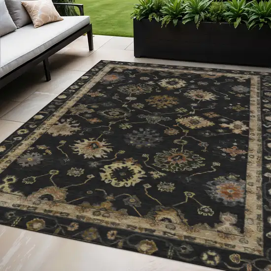Black And Gold Floral Washable Indoor Outdoor Area Rug Photo 2