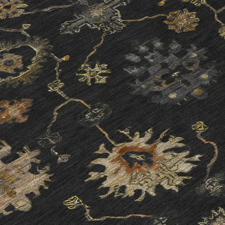 Black And Gold Floral Washable Indoor Outdoor Area Rug Photo 8