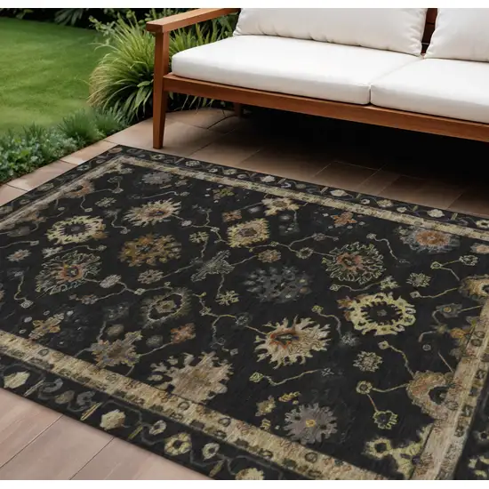 Black And Gold Floral Washable Indoor Outdoor Area Rug Photo 2