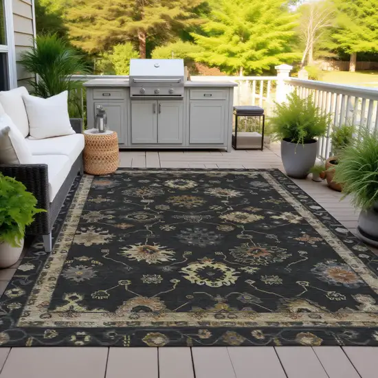 Black And Gold Floral Washable Indoor Outdoor Area Rug Photo 5
